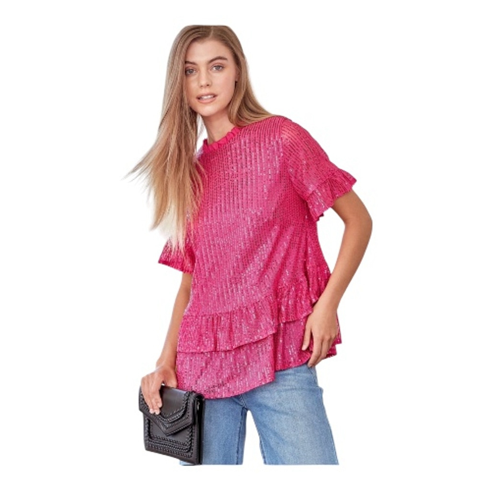 Women's Andre by Unit Hot Pink Sequin Ruffle Blouse Size L - Picture 2 of 6